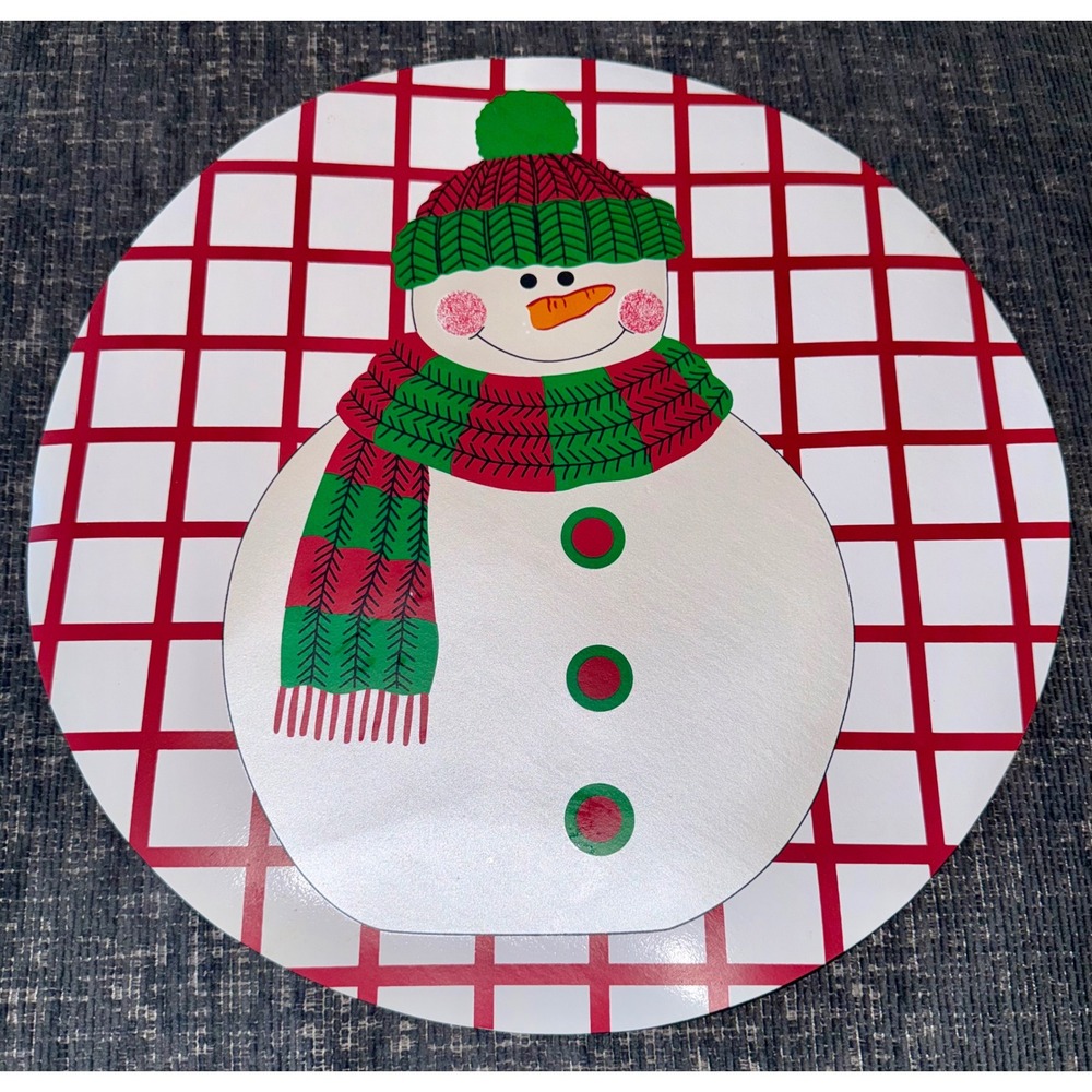 Trim A Home Placemats Set of 4 Snowman Plaid Vinyl Round Christmas